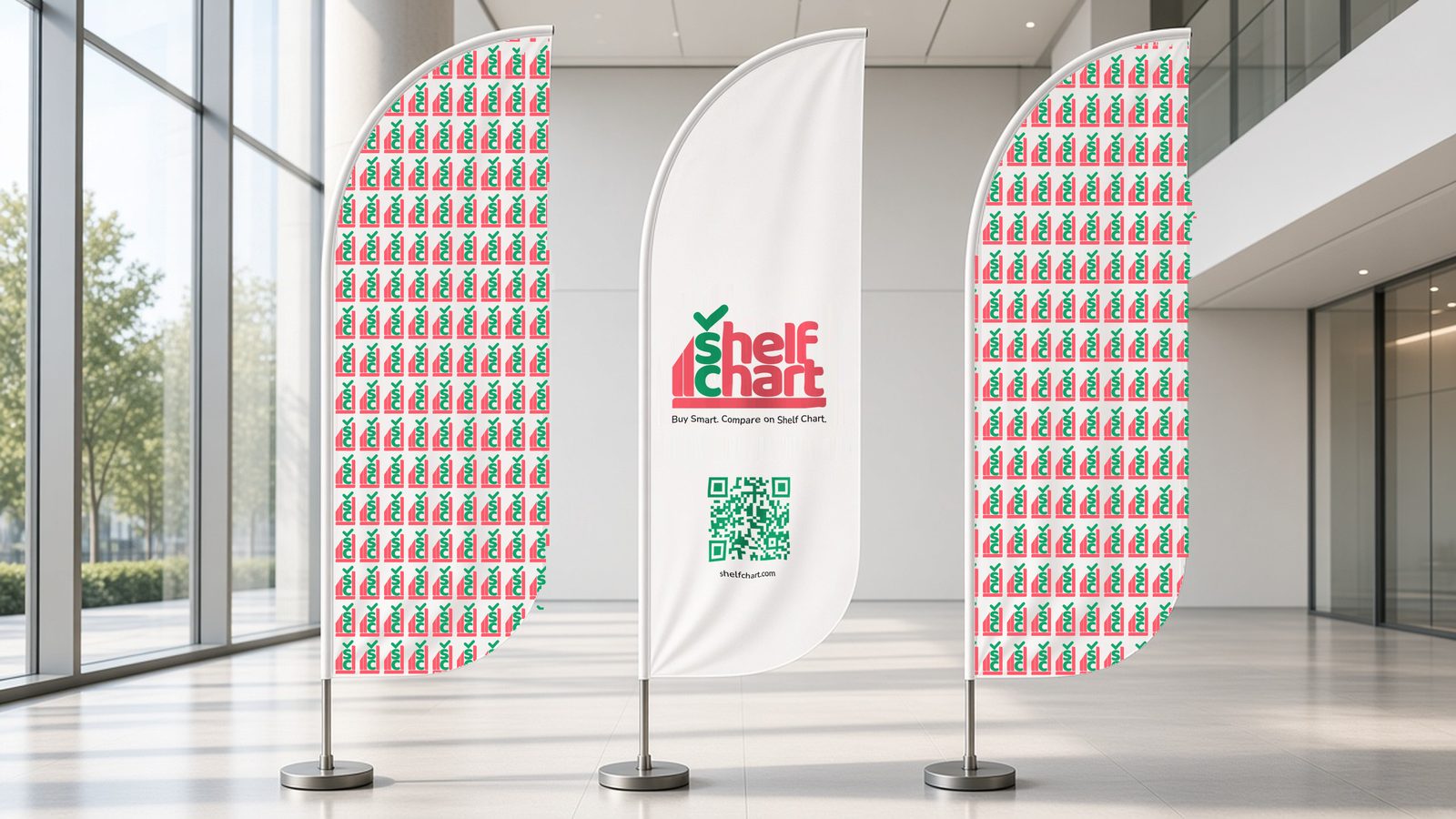 Three ShelfChart feather banners, the centre one with the logo, tagline, and QR code