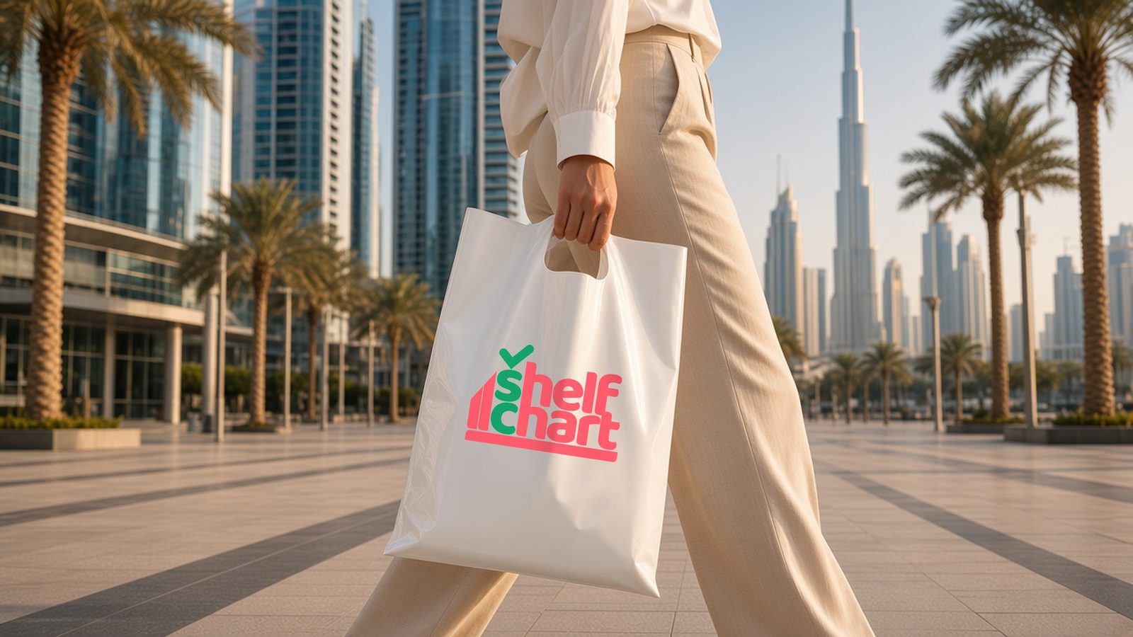 Woman walking through Dubai with a ShelfChart carrier bag
