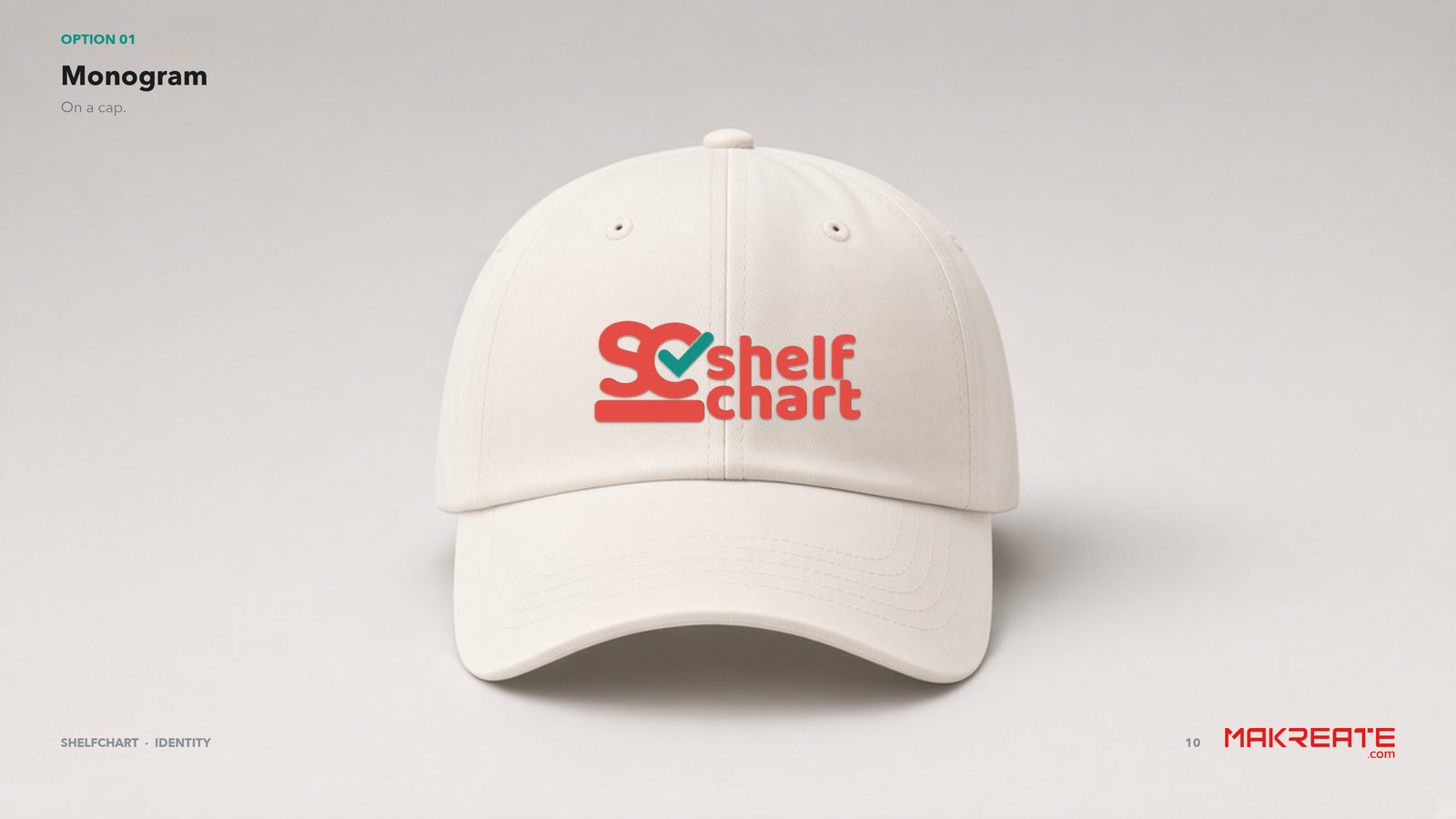 ShelfChart monogram direction shown on a cap during the identity presentation