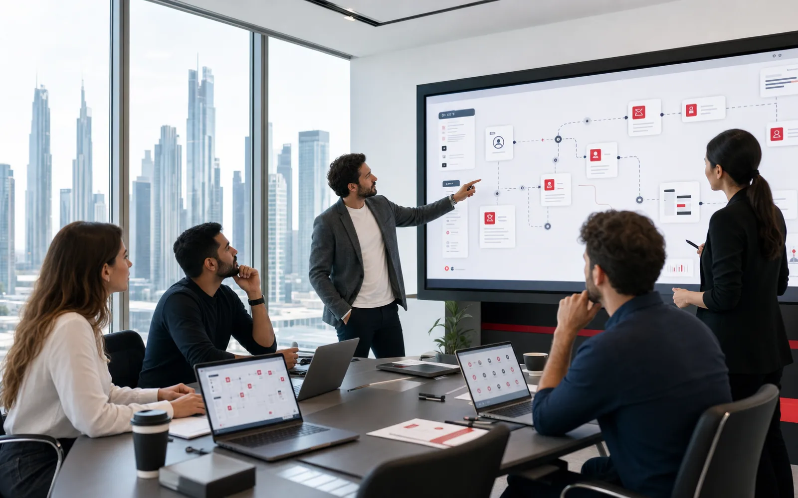 AI workflow automation agency workshop reviewing connected business processes and dashboards