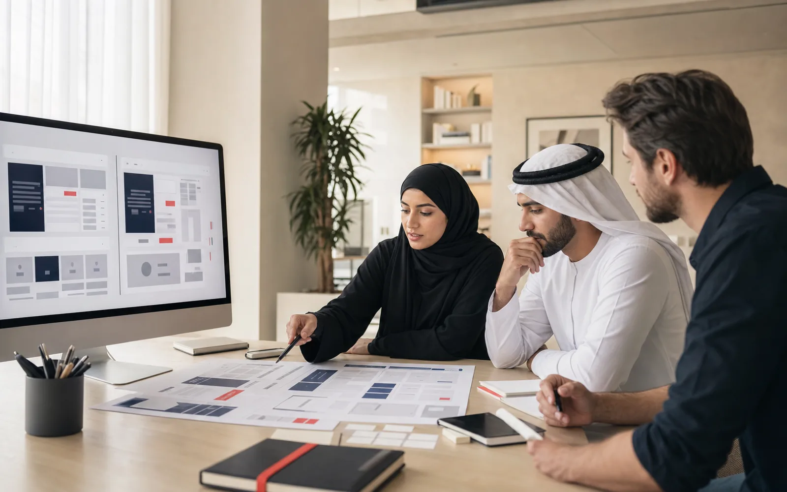 Dubai product team reviewing bilingual Arabic and English UX layouts
