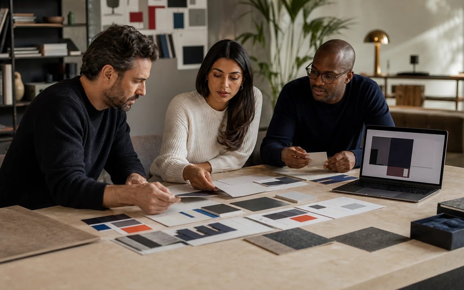 B2B leadership and brand strategy team reviewing an identity system