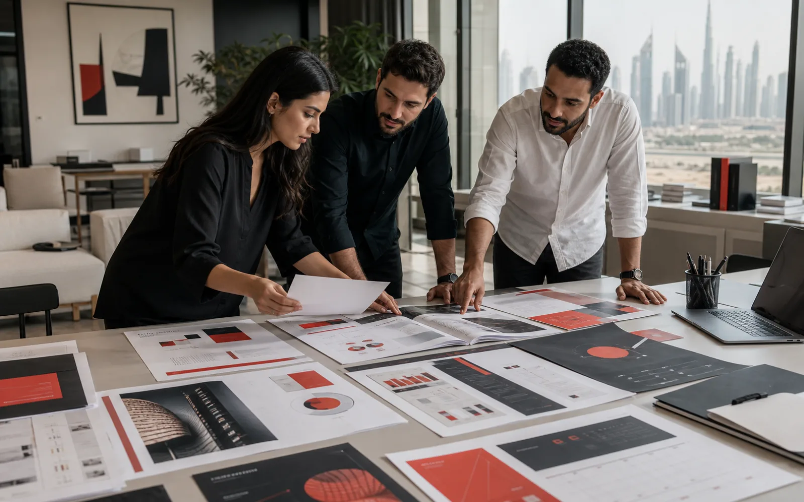 B2B design team reviewing reports, presentations and campaign layouts