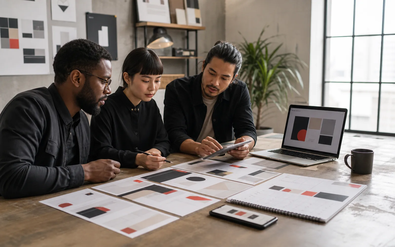 B2B marketing and design team reviewing a social media content system