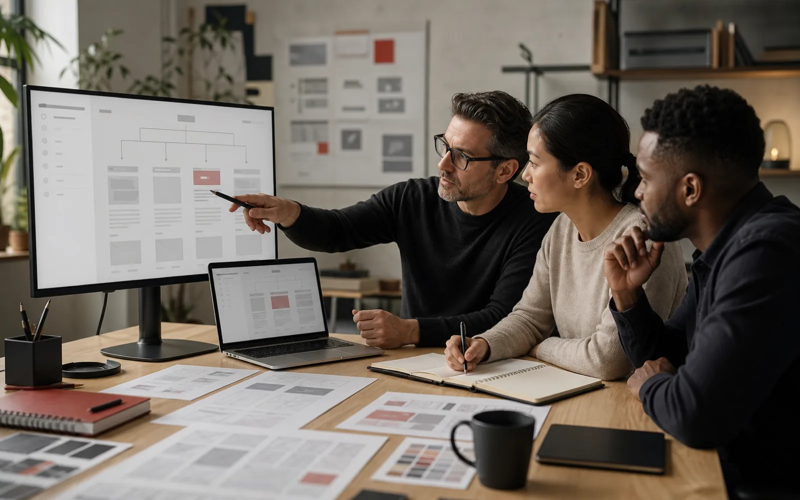 B2B strategy team reviewing website architecture and buyer journeys