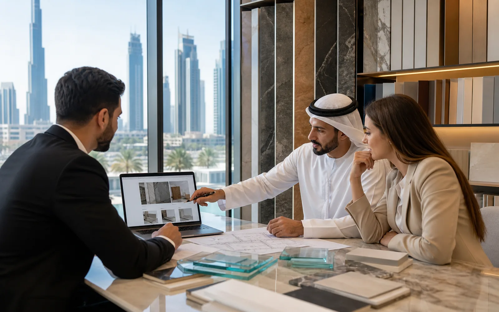 Construction and building-materials website strategy meeting in a modern showroom
