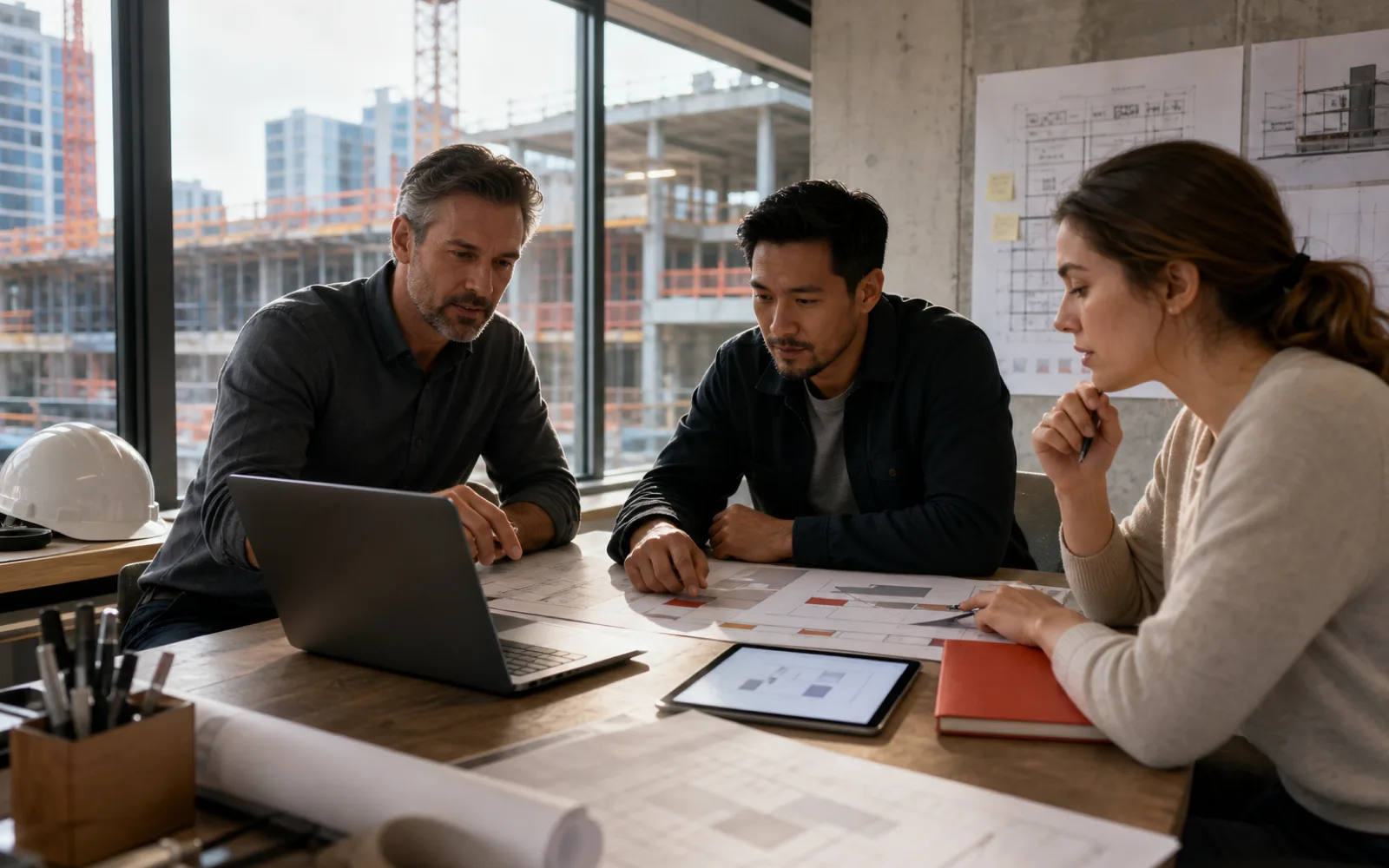 Construction operations team planning field and office web application workflows