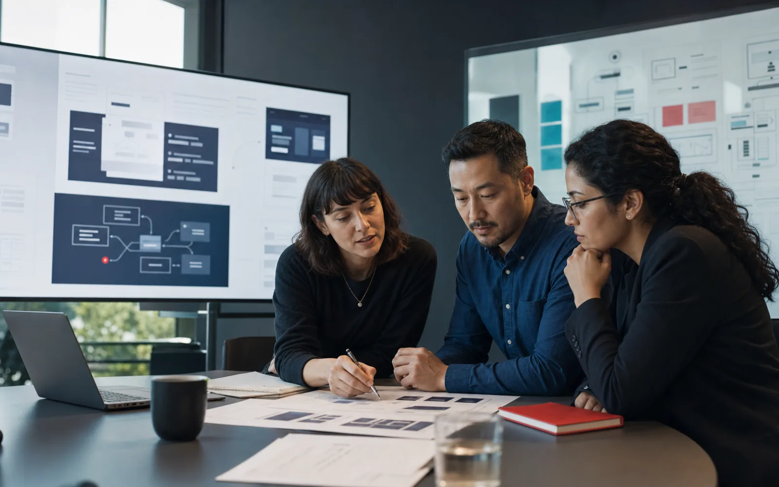 Cybersecurity team reviewing landing page design and conversion flow