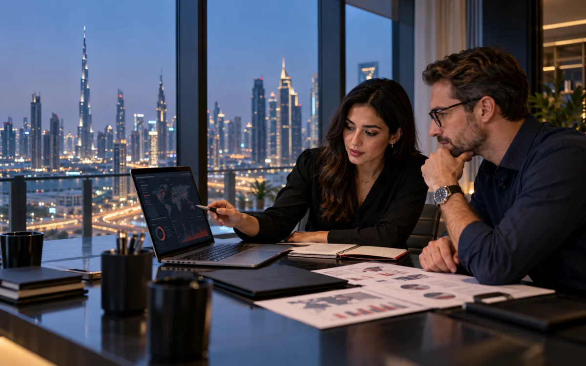 Cybersecurity marketing strategists reviewing a campaign plan in a Dubai office