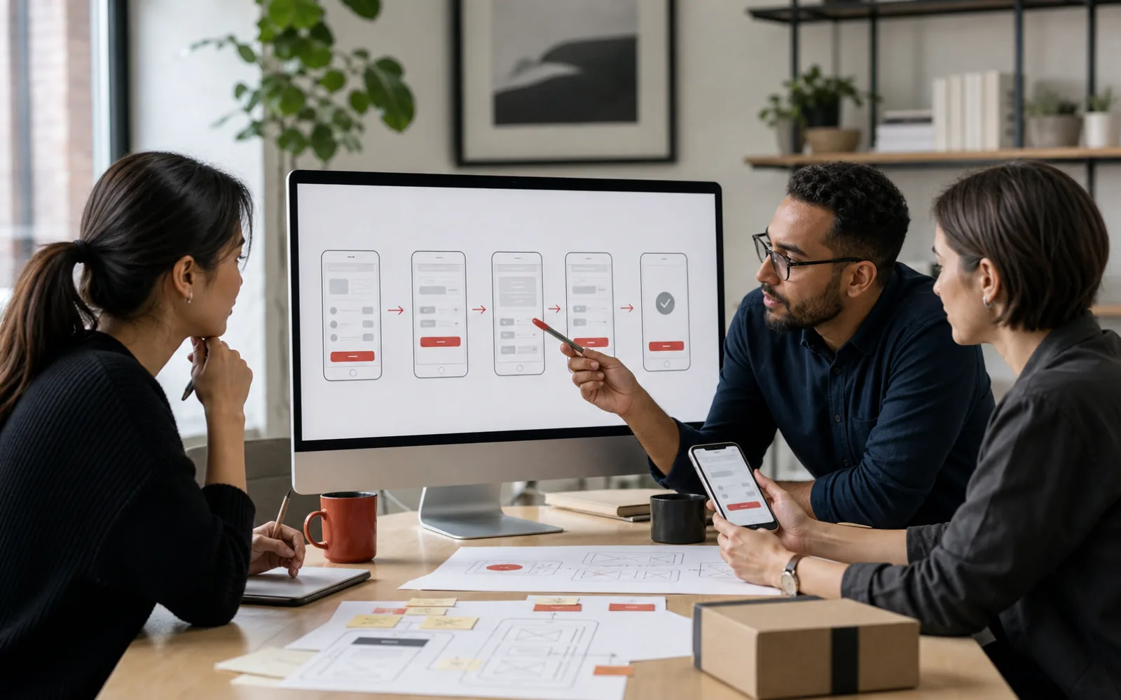 Ecommerce product and UX team reviewing a checkout journey across desktop and mobile