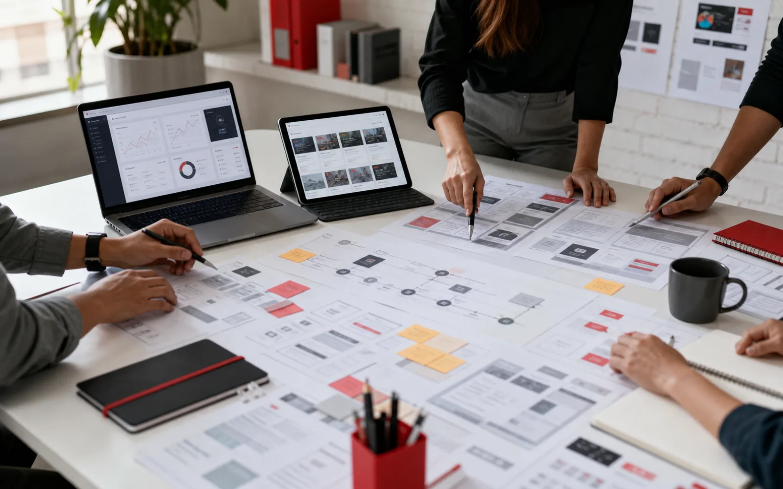 Edtech website design agency planning session with LMS wireframes and course landing page analytics