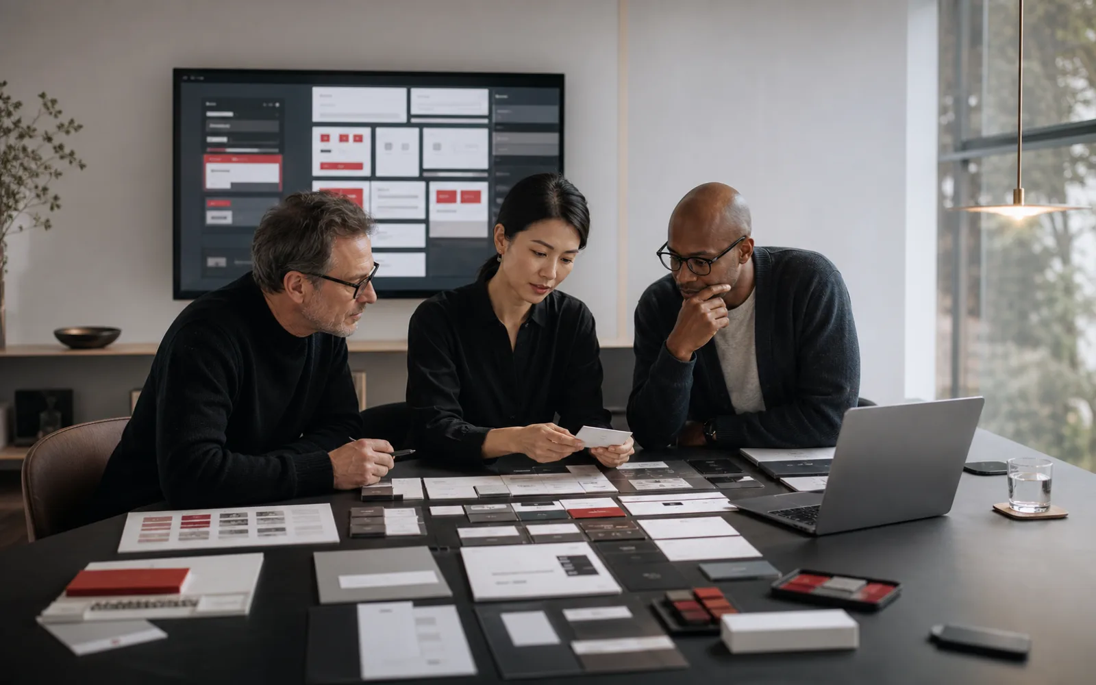 Product designers and engineers reviewing an enterprise design system