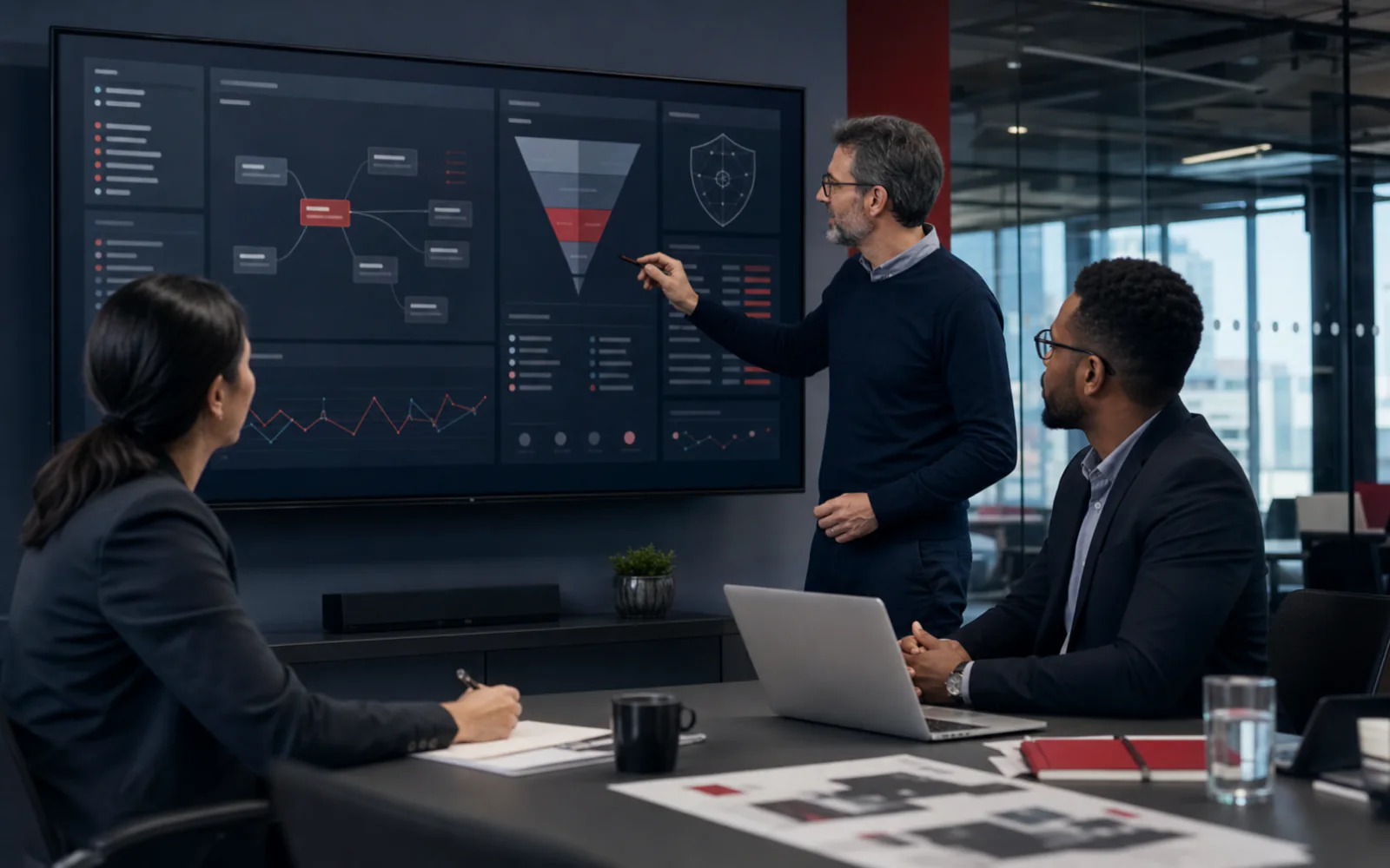 Cybersecurity marketing team reviewing a paid-search funnel and campaign dashboard