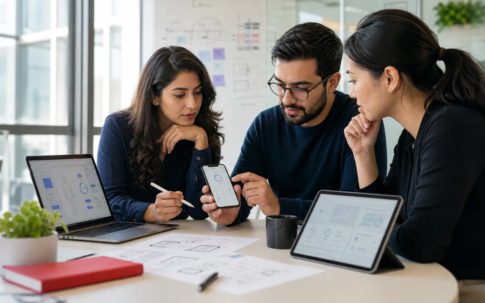 Healthtech product team reviewing a mobile app prototype in a bright design studio