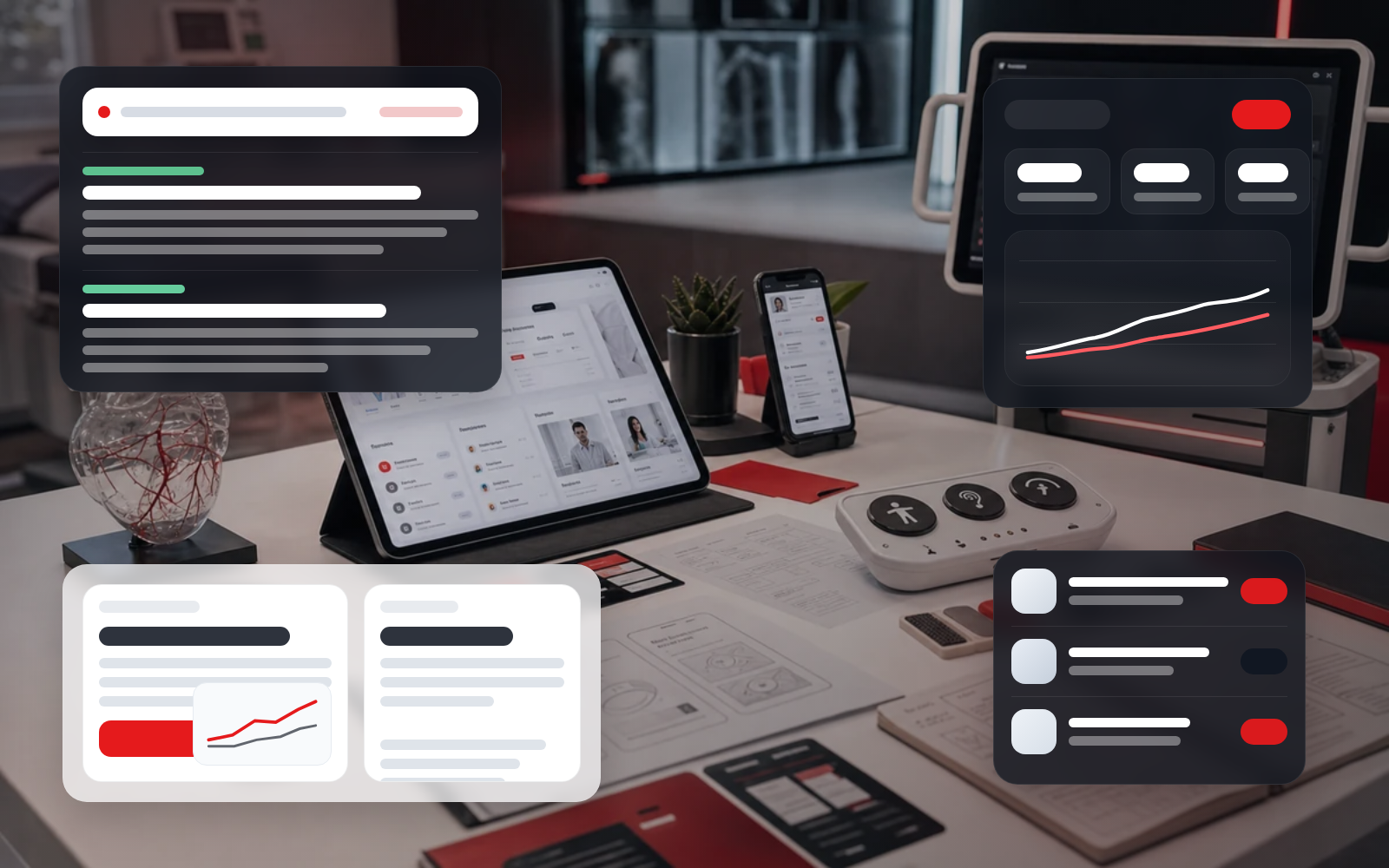 Healthtech SEO strategy session with medical app dashboards and search analytics