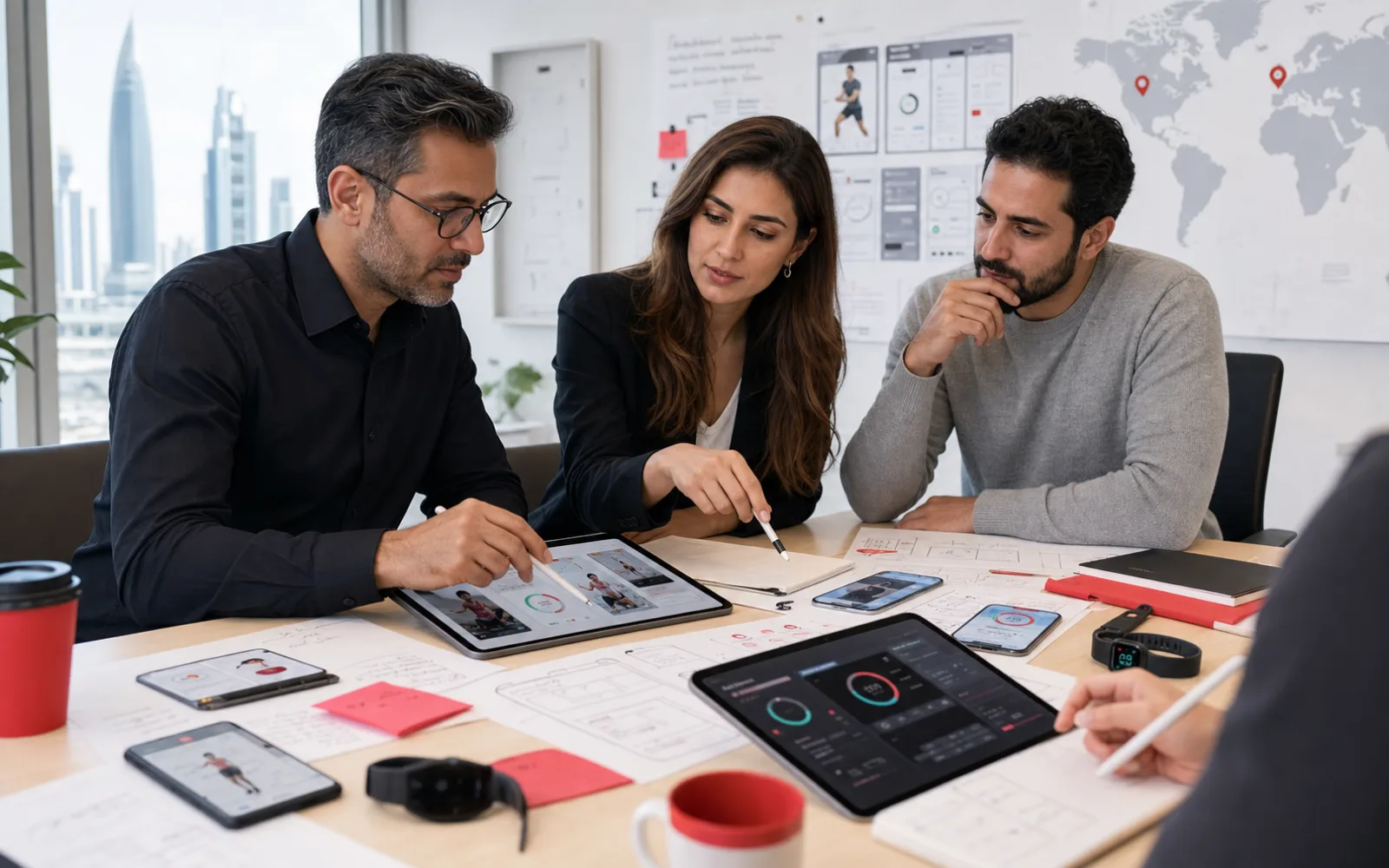 Healthtech UX design agency workshop reviewing mobile app onboarding and analytics