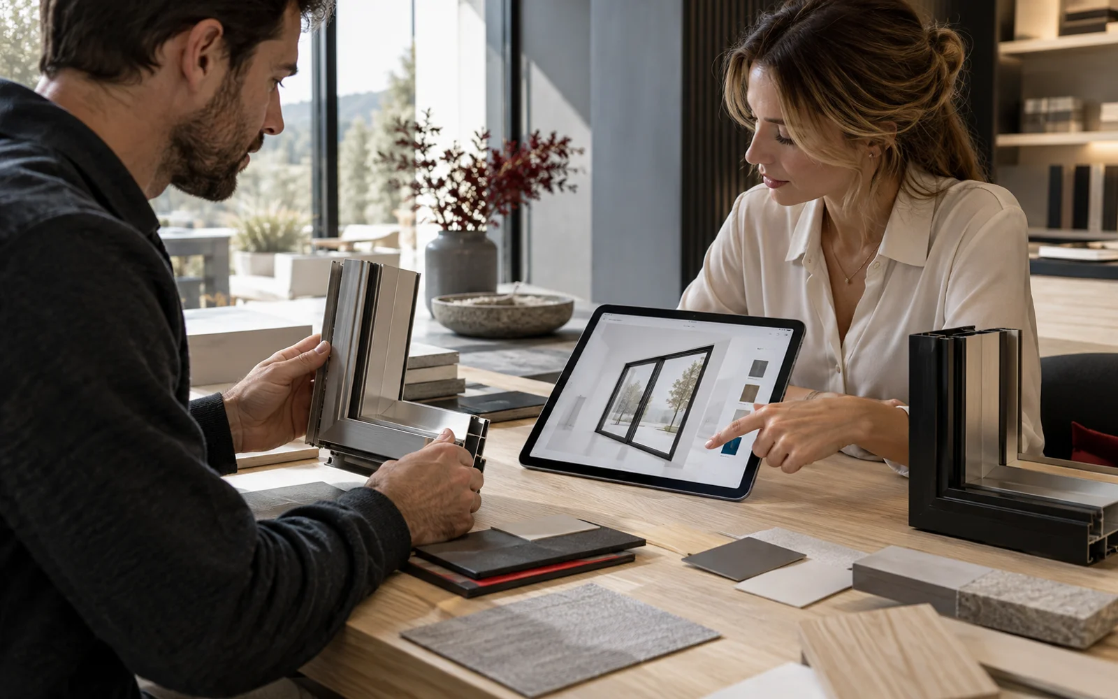 Architect and product designer comparing window-frame samples with a tablet configurator