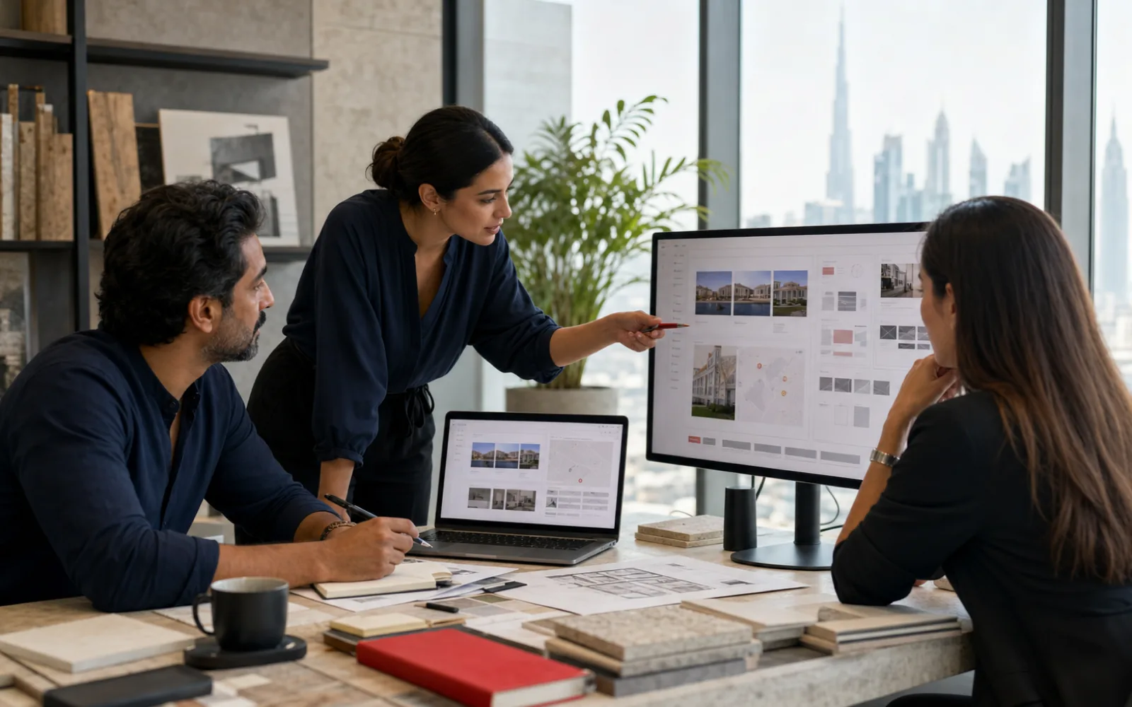 Real estate product team planning a property portal in a bright Dubai studio