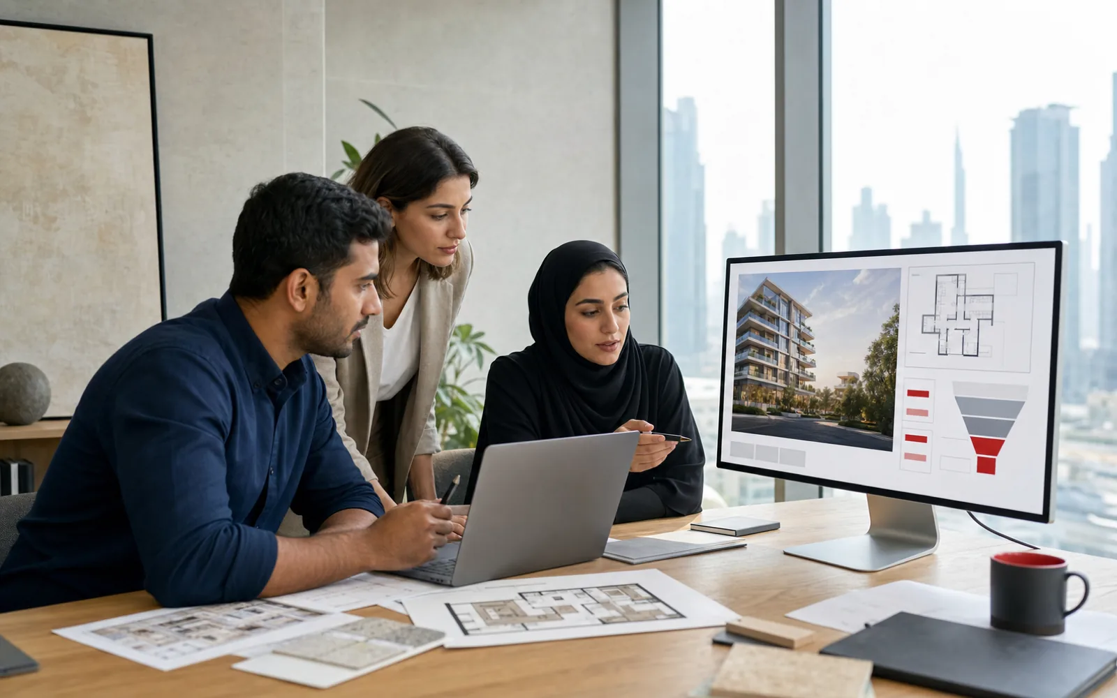 Dubai property marketing and UX team reviewing a residential project landing page