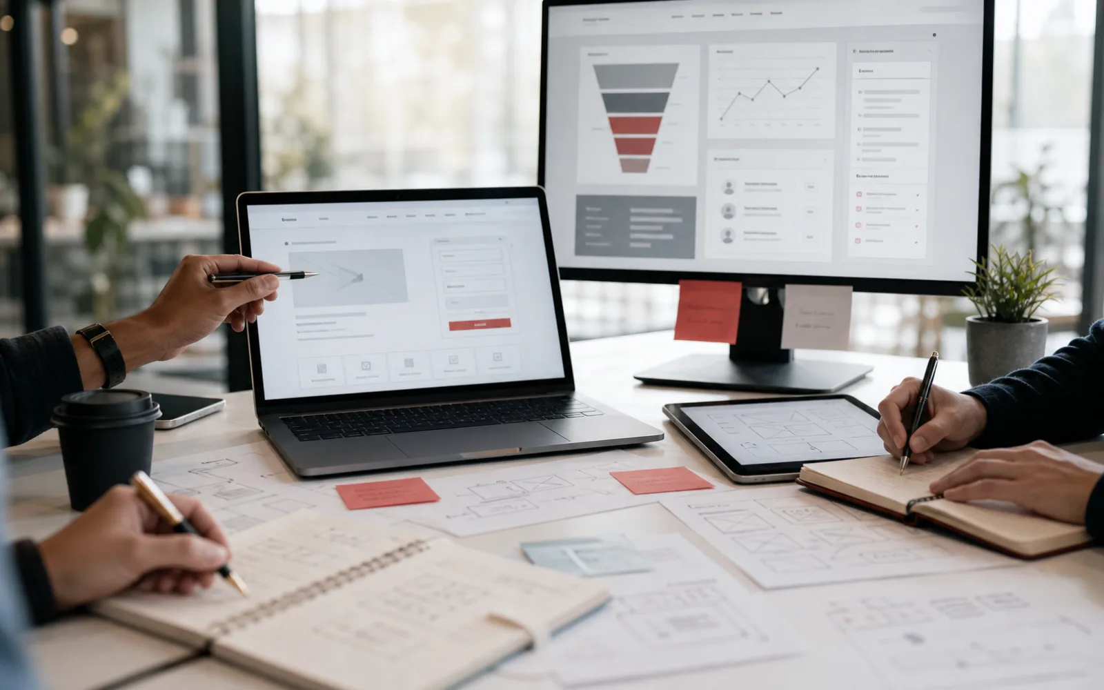 SaaS demo request landing page optimization workshop with UX wireframes and funnel analytics