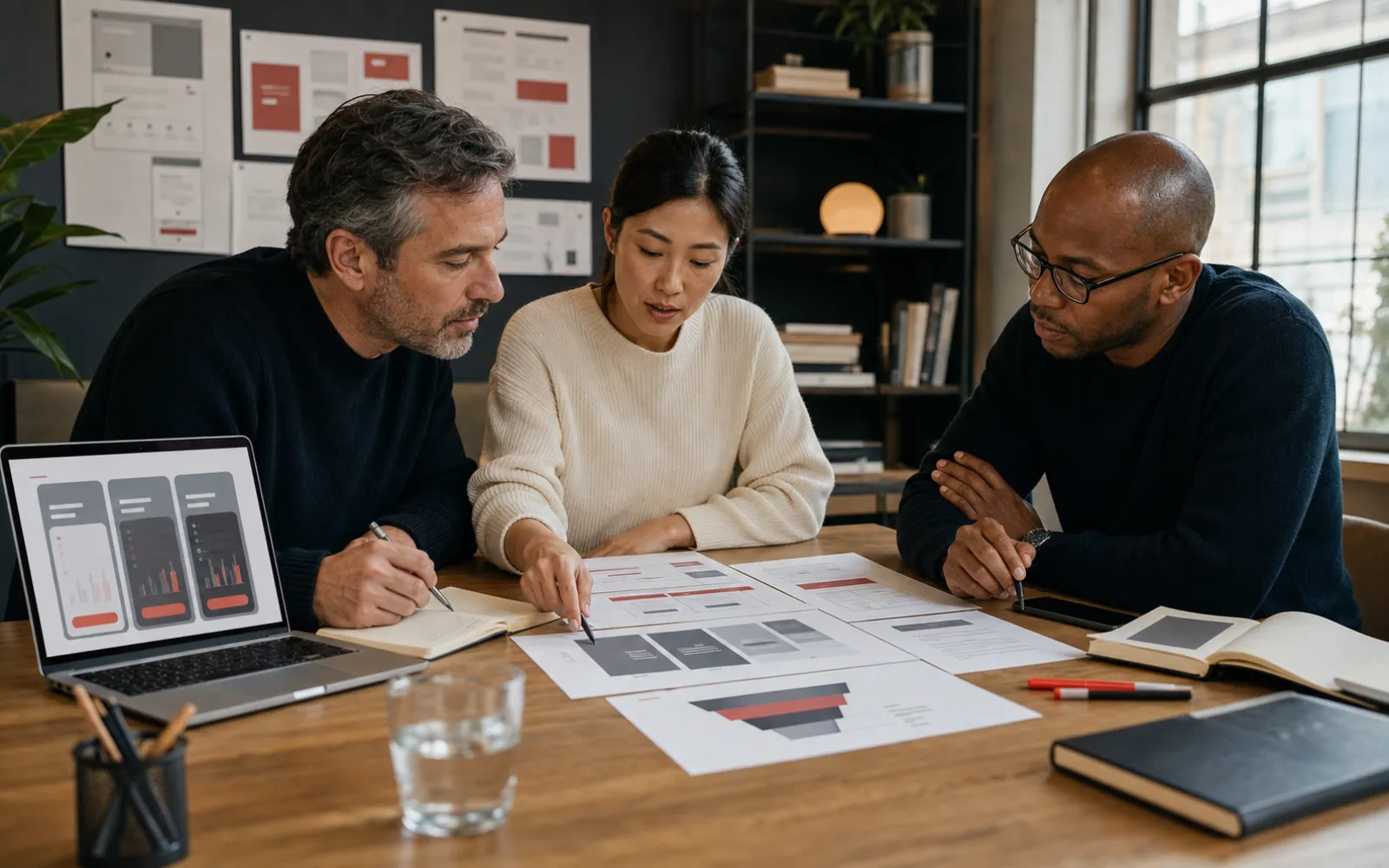SaaS growth team reviewing pricing page wireframes and plan comparison designs