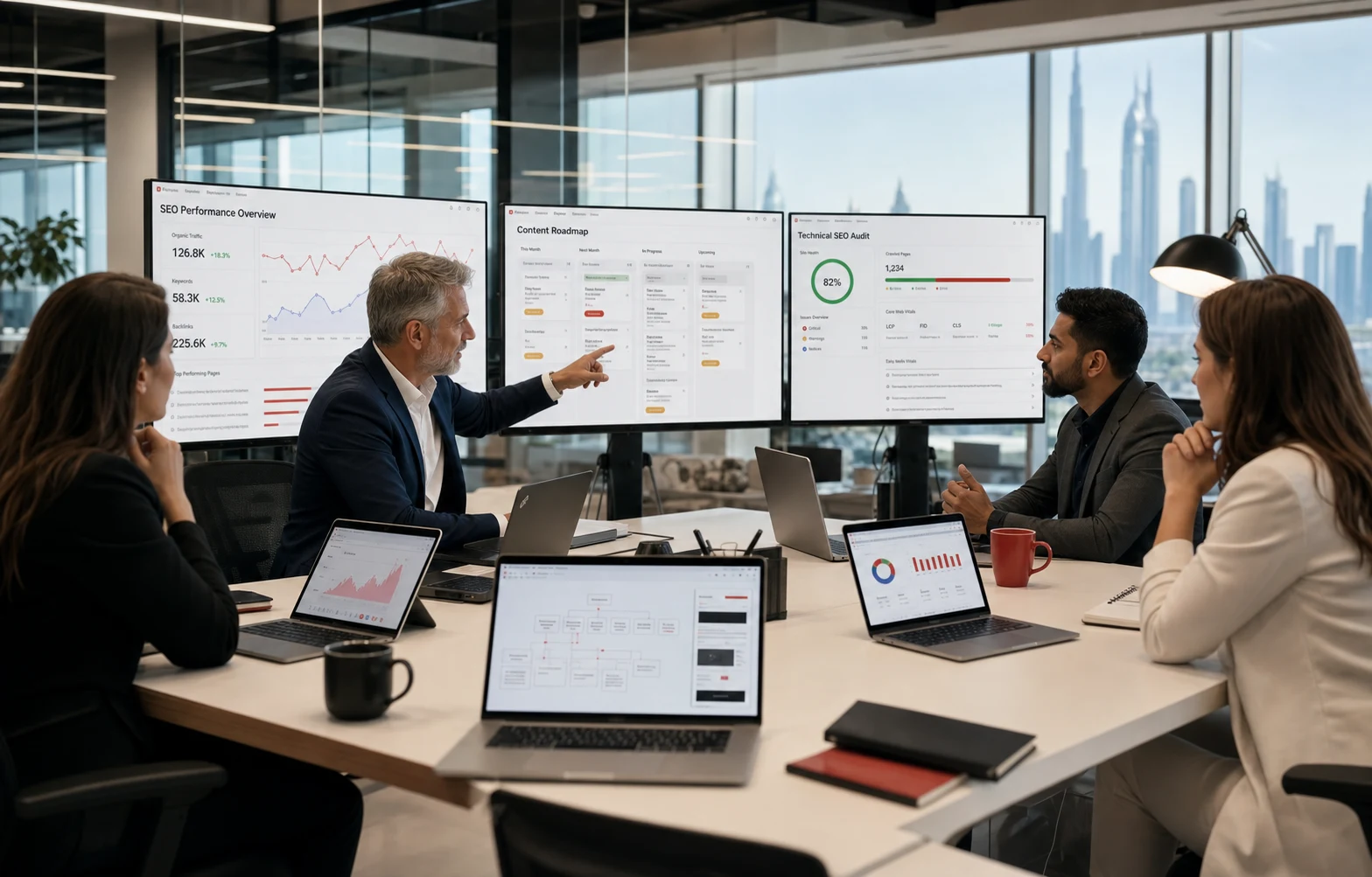SaaS SEO agency strategy session with ranking dashboards and content planning