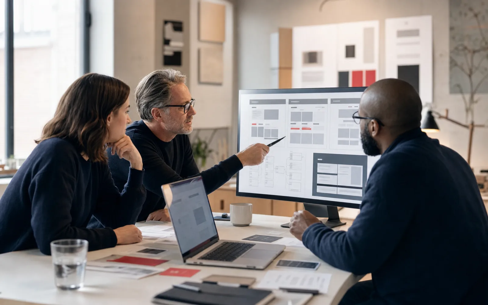 SaaS marketing, product and technical team reviewing website redesign wireframes
