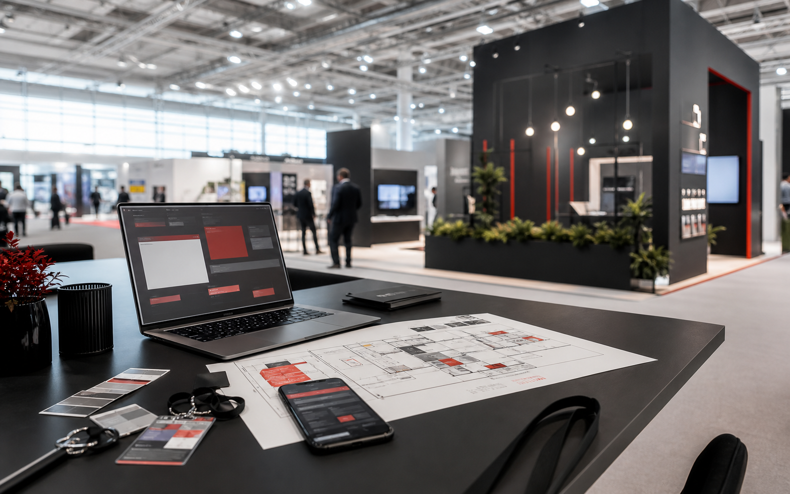 Trade show marketing strategy table with expo booth plan and campaign dashboard