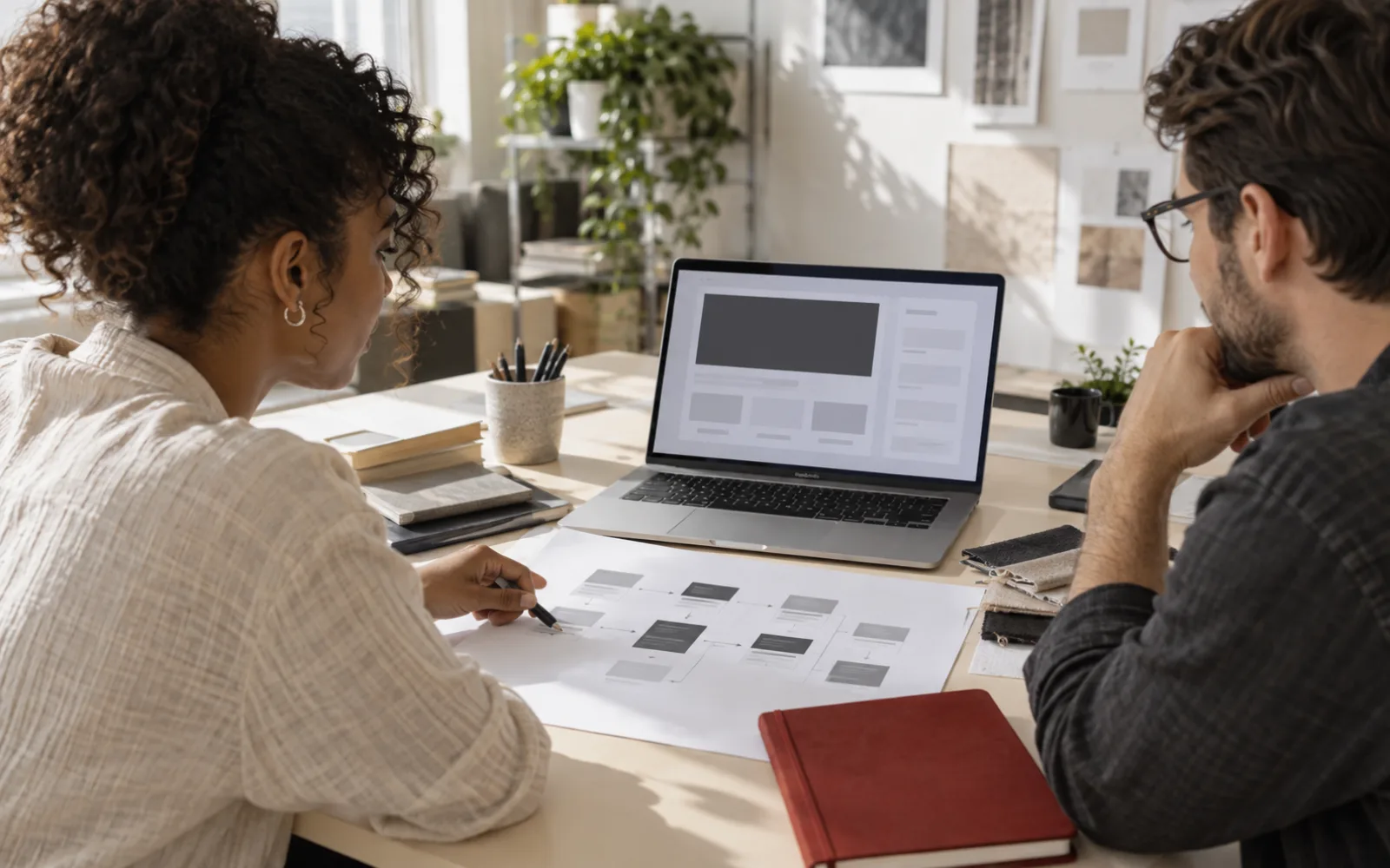 Accessibility specialist and product designer reviewing website audit materials at a laptop